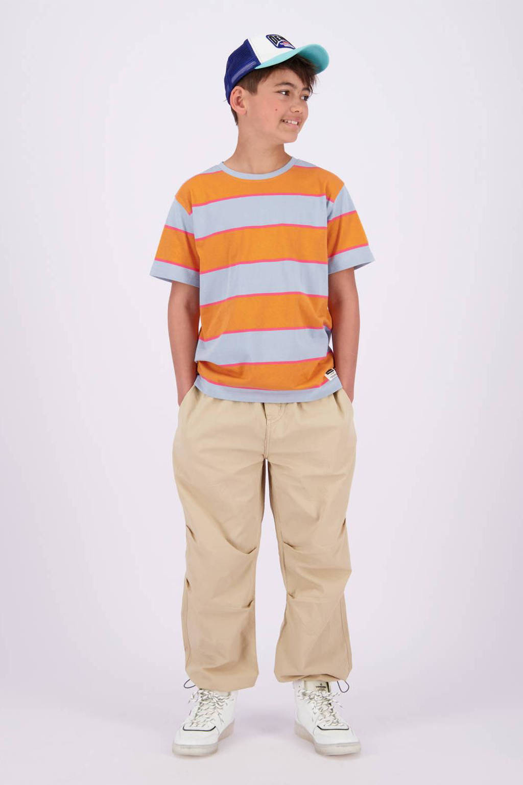 Vingino gestreept T-shirt Hifo lichtblauw/oranje