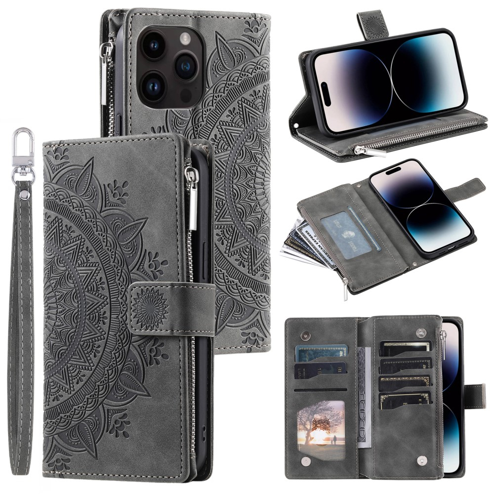 iPhone 15 Pro Leder Tasche Flip Cover mit Reissverschluss - Mandala Flowers Imprint - Grau
