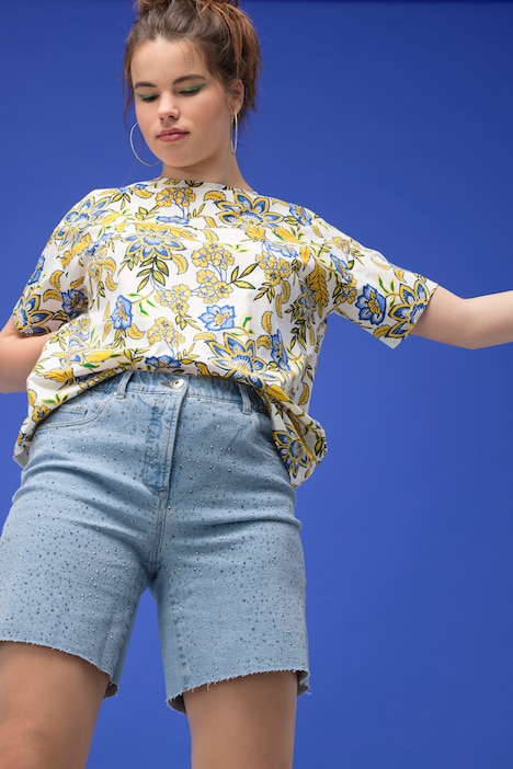 Jeans-Shorts, Wide Legs, High Waist, Ziersteinchen, Destroy-Effekte, 5-Pocket, Elastikbund,