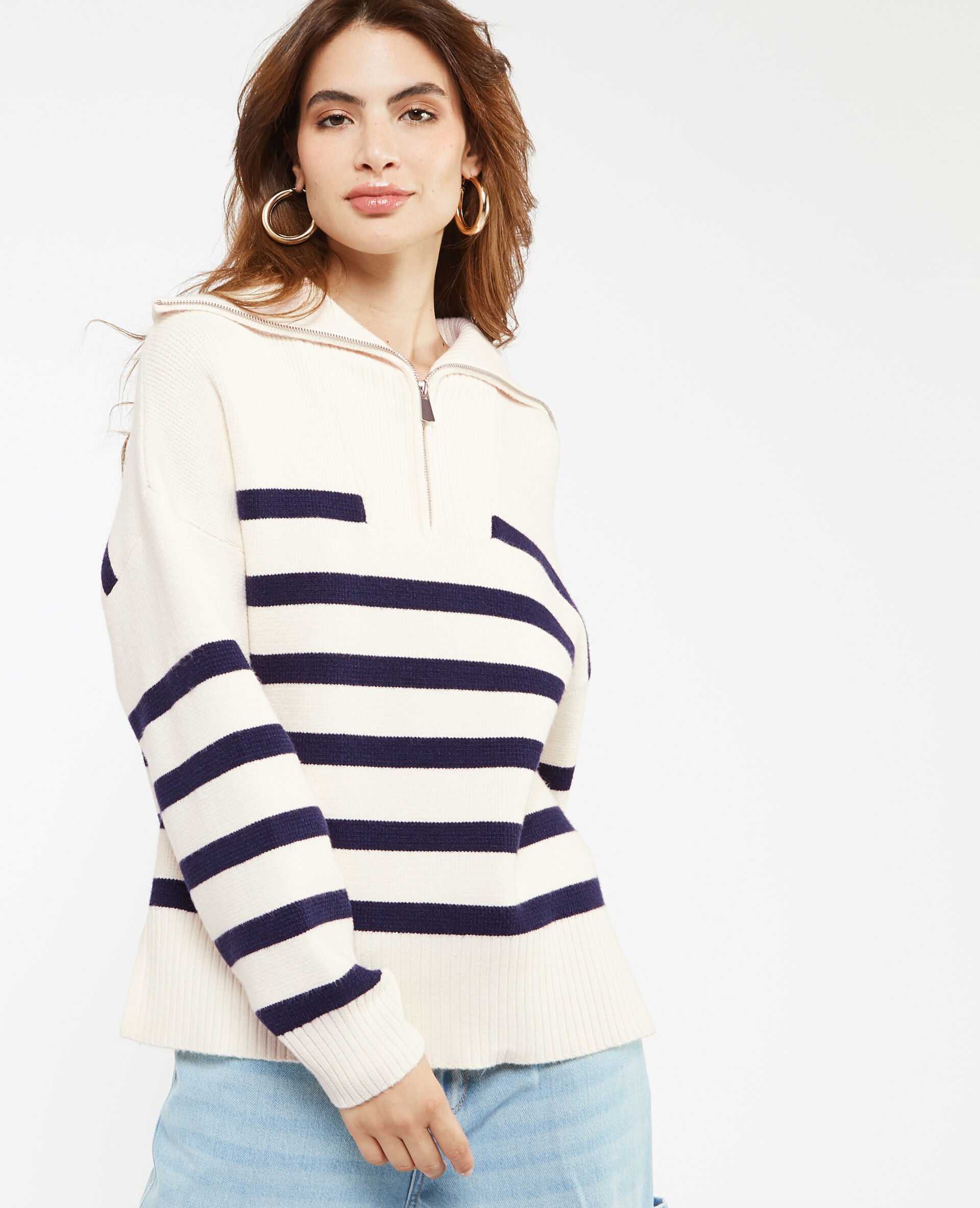 Pull droit col camionneur rayé - Blanc