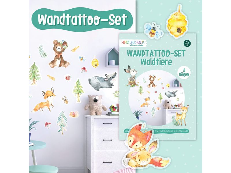 Papierdrachen Wandtattoo-Set Waldtiere Wandsticker für Kinder