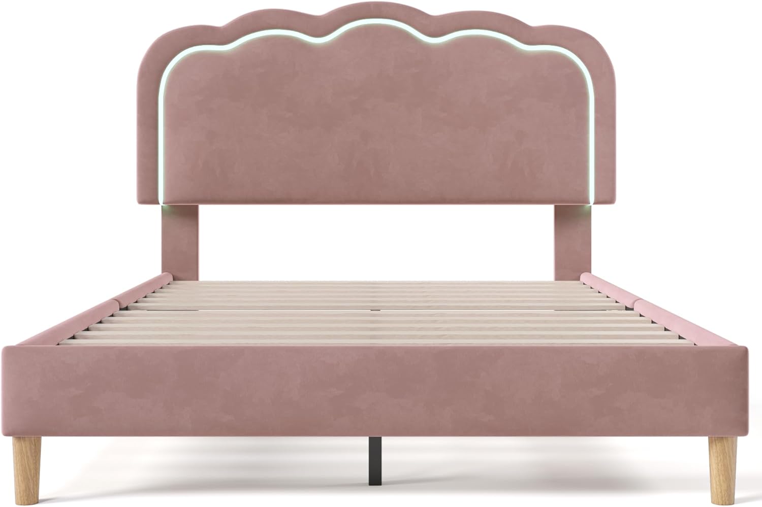 Merax Kinderbett Polsterbett 140x200cm, Doppelbett Bettgestell mit Lattenrost & Verstellbares Kopfteil, süßes Jugendbett mit LED-Kopfteil in Puff-Form, Bettrahmen, Leinenmaterial, ohne Matratze, Rosa