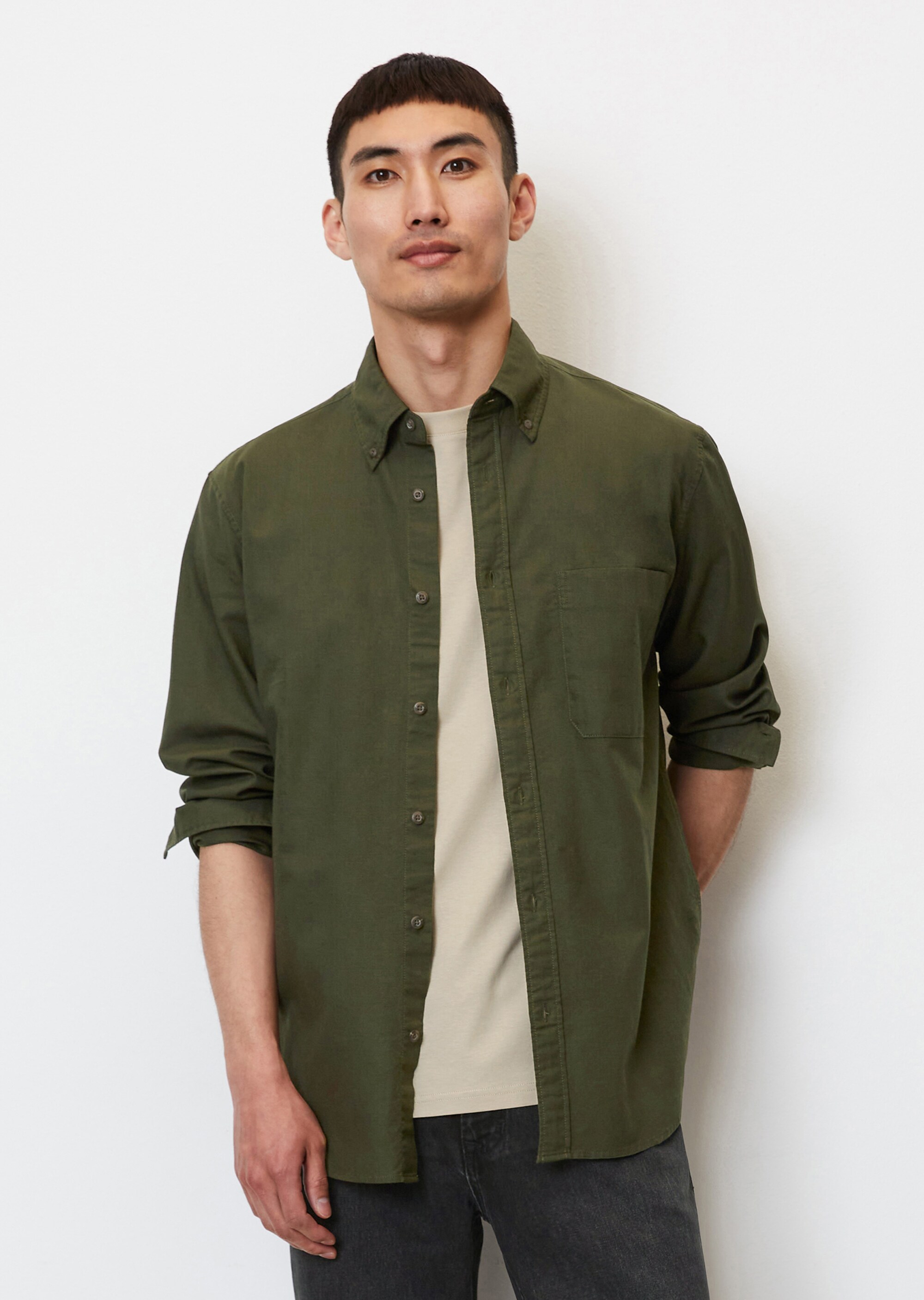 Chambray-Langarm-Hemd regular aus Bio-Baumwolle und Leinen
