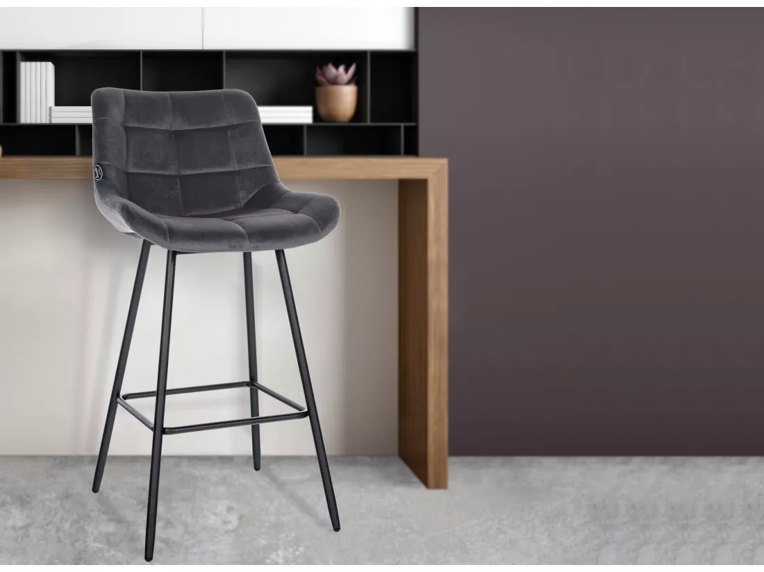 Tabouret de bar - Velours & Métal - Gris foncé - Weston