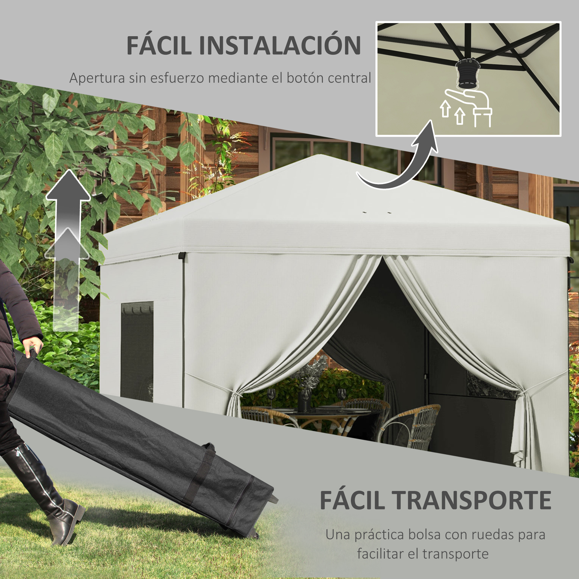 Tenda dobrável Outsunny 3x3m, gazebo de jardim com 4 paredes laterais, 2 janelas de tela, altura ajustável, bolsa de transporte, impermeável e resistente aos raios UV para acampamentos e festas, branca.
