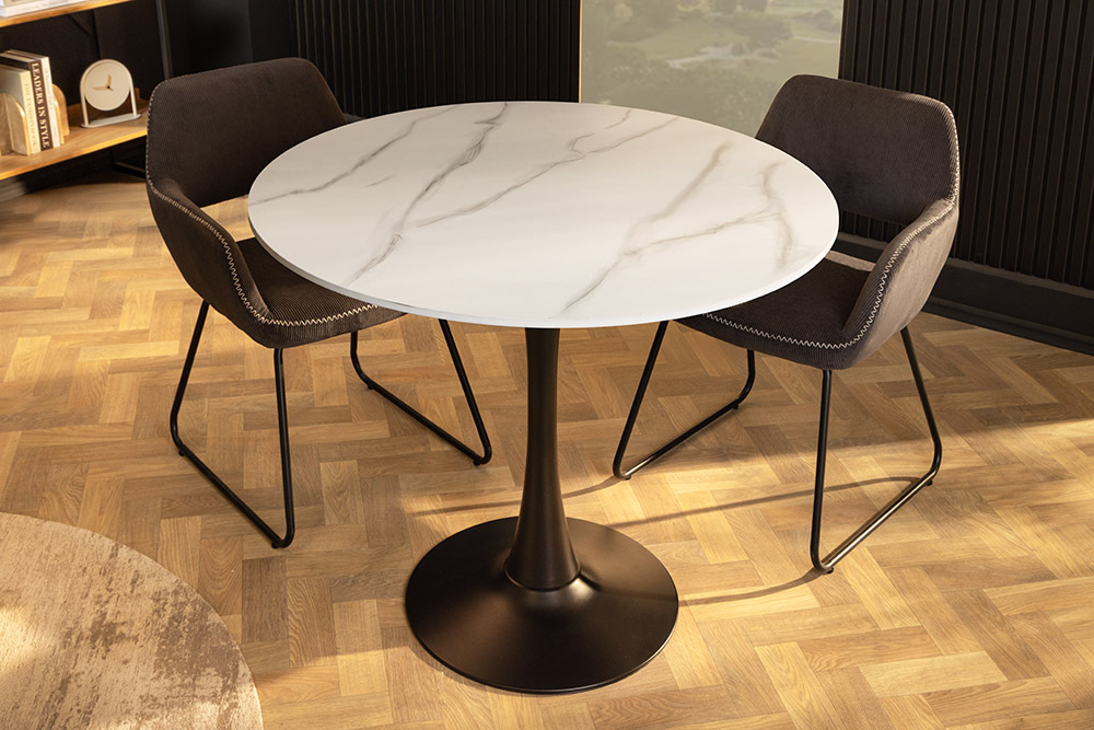 Runder Esstisch LYON 80cm weiß Marmor Keramik Bistrotisch schwarzer Säulenfuß