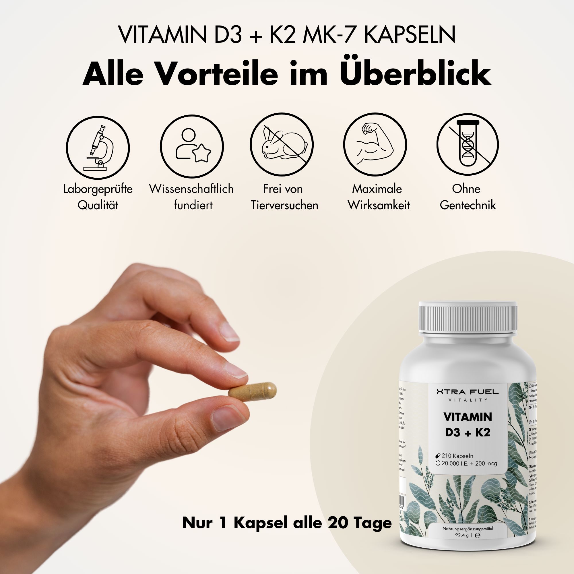 XTRA FUEL Vitamin D3 + K2 Kapseln - 20.000 I.E. + 200mcg MK-7 all-trans