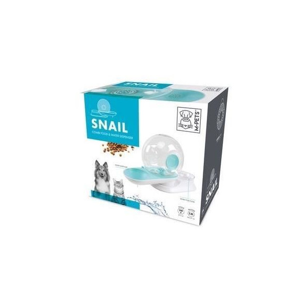 Distributeur de croquettes et d'eau avec filtre m.pets snail - 2800ml + 240gr - 28x24x25 cm - blanc, bleu et transparent