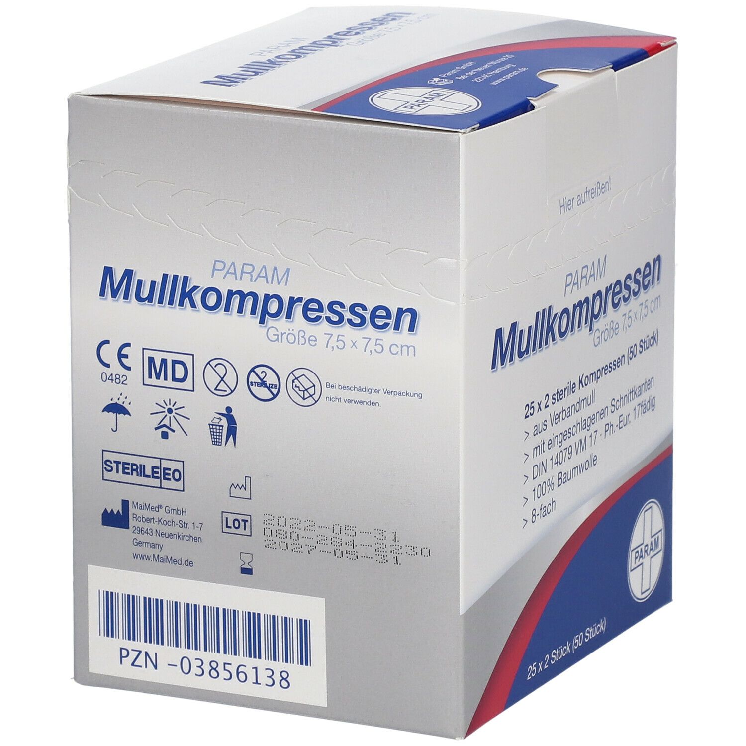 PARAM Mullkompressen 7,5 cm x 7,5 cm steril 8-fach
