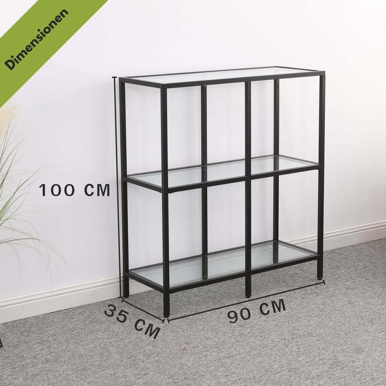 Mein-Regal Regal Glasgow 90x35x100cm aus Metall Glaseinlegeboden 2 Etagen schwarz