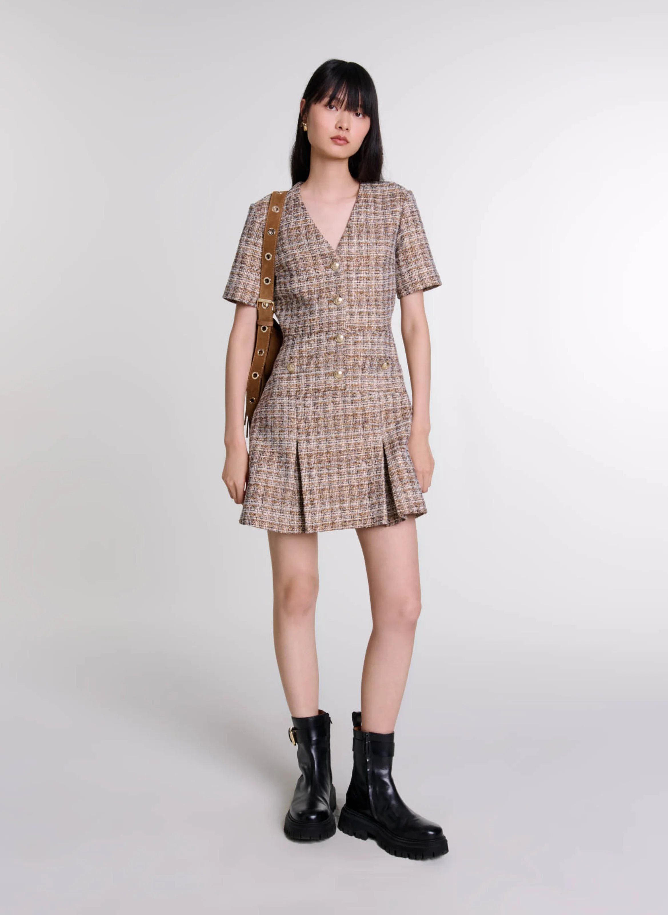 Robe évasée col rond | Marron