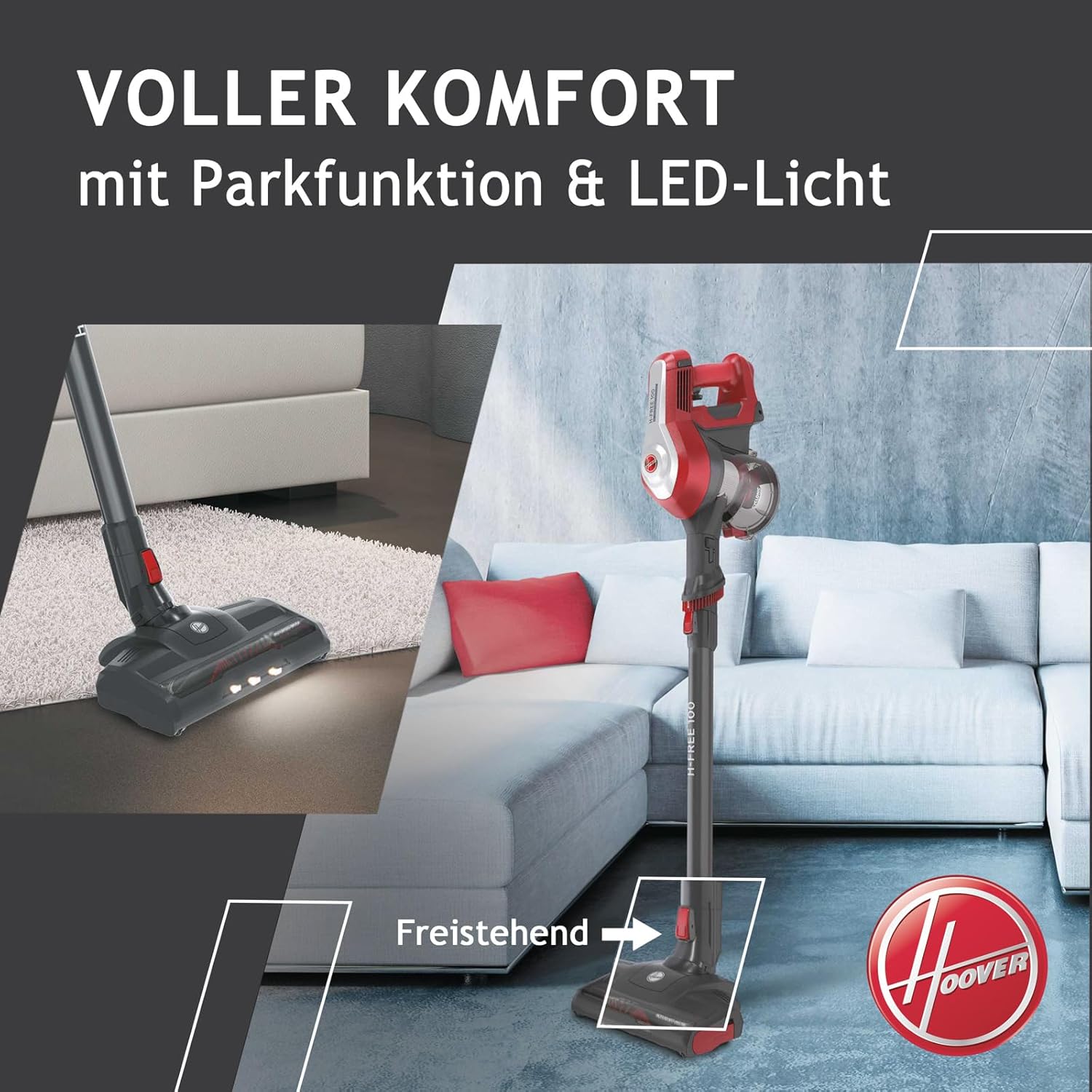 Hoover Akku-Staubsauger H-Free 100 Home ohne Beutel mit bis zu 40 Min. Laufzeit I Staubsauger kabellos mit LED-Licht, XL Staubbehälter & Parkfunktion I Akkusauger mit Fugendüse & Staubbürste