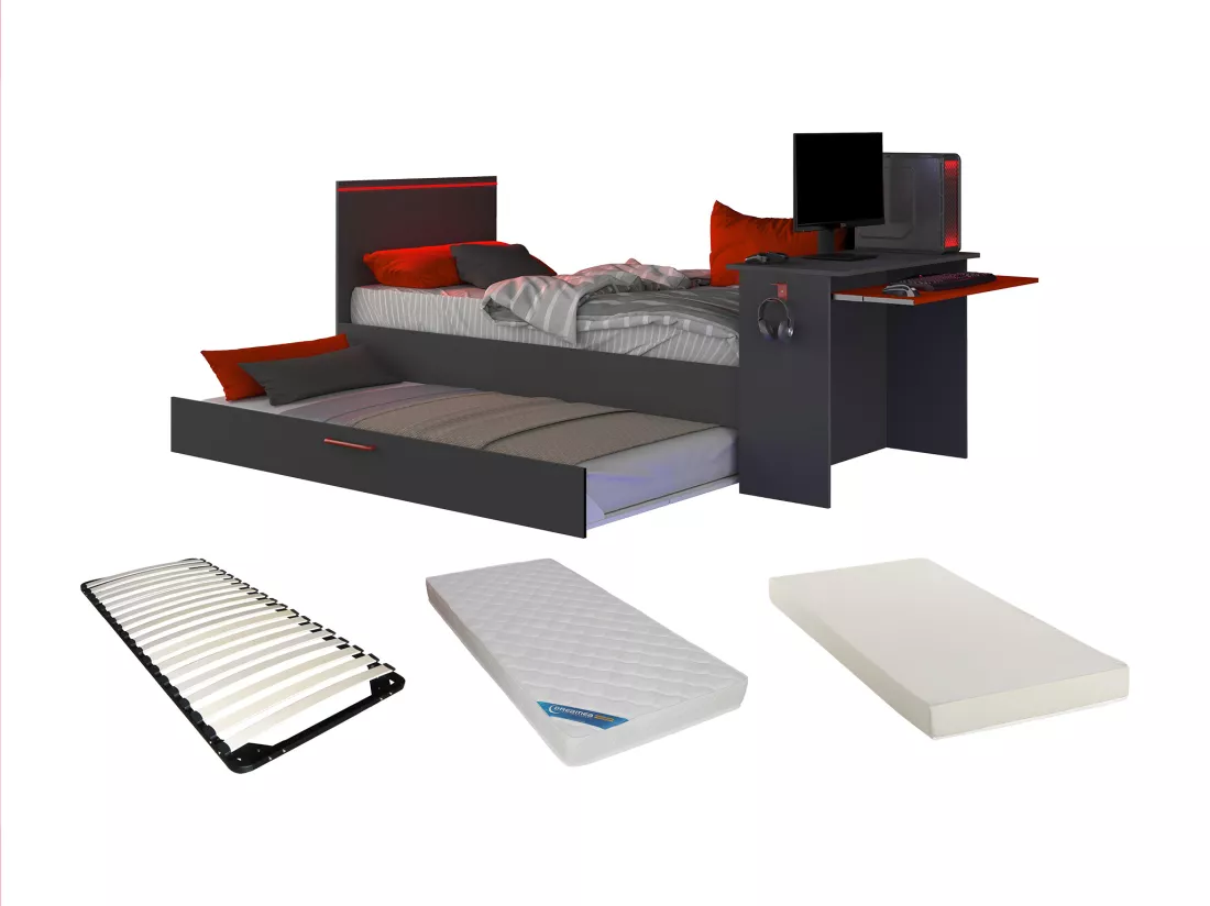 Lit gigogne gamer 90 x 200 et 90 x 190 cm - Avec bureau - LEDs - Anthracite et rouge + Matelas + Sommier - VOUANI