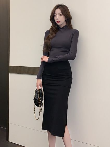 Aurora - Set: Lange mouwen coltrui effen slim fit crop T-shirt + hoge taille split midi kokerrok