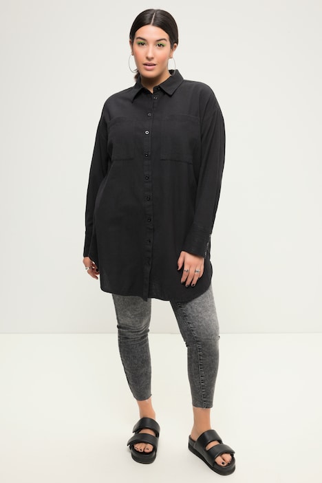Hemdbluse, oversized, Leinenmix, Hemdkragen, Langarm