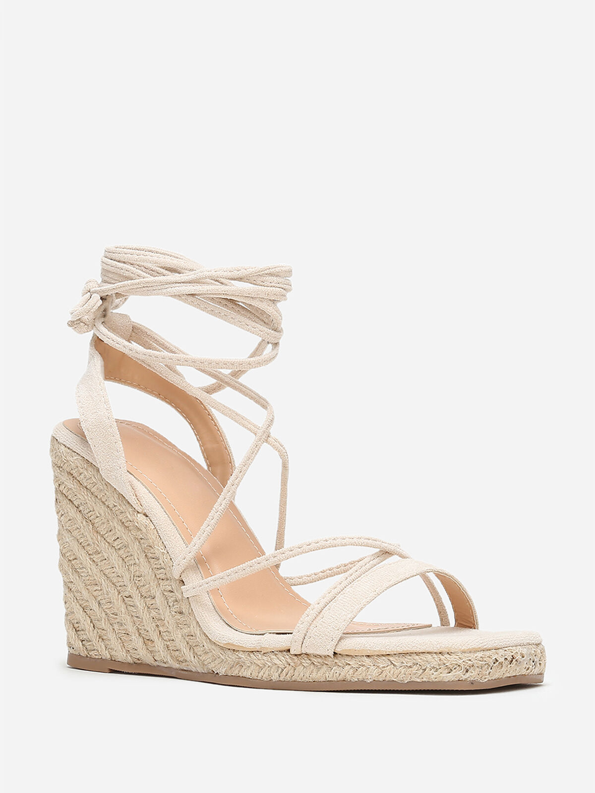 Sandales compensées à lacets- Beige