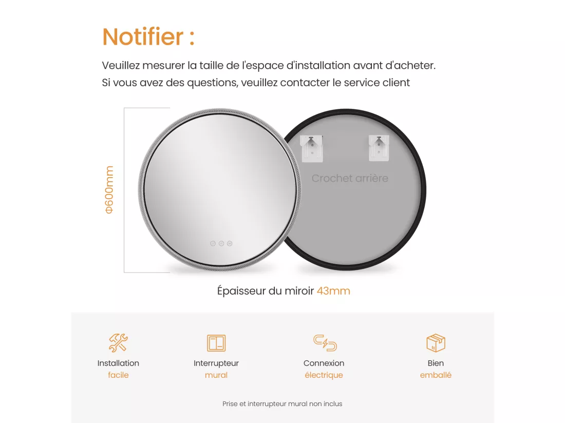 EMKE Miroir lumineux salle de bain rond 60cm Cadre Noir, Miroir LED avec Interrupteur Tactile, Anti-buée, Miroir avec 3 couleurs de Lumières