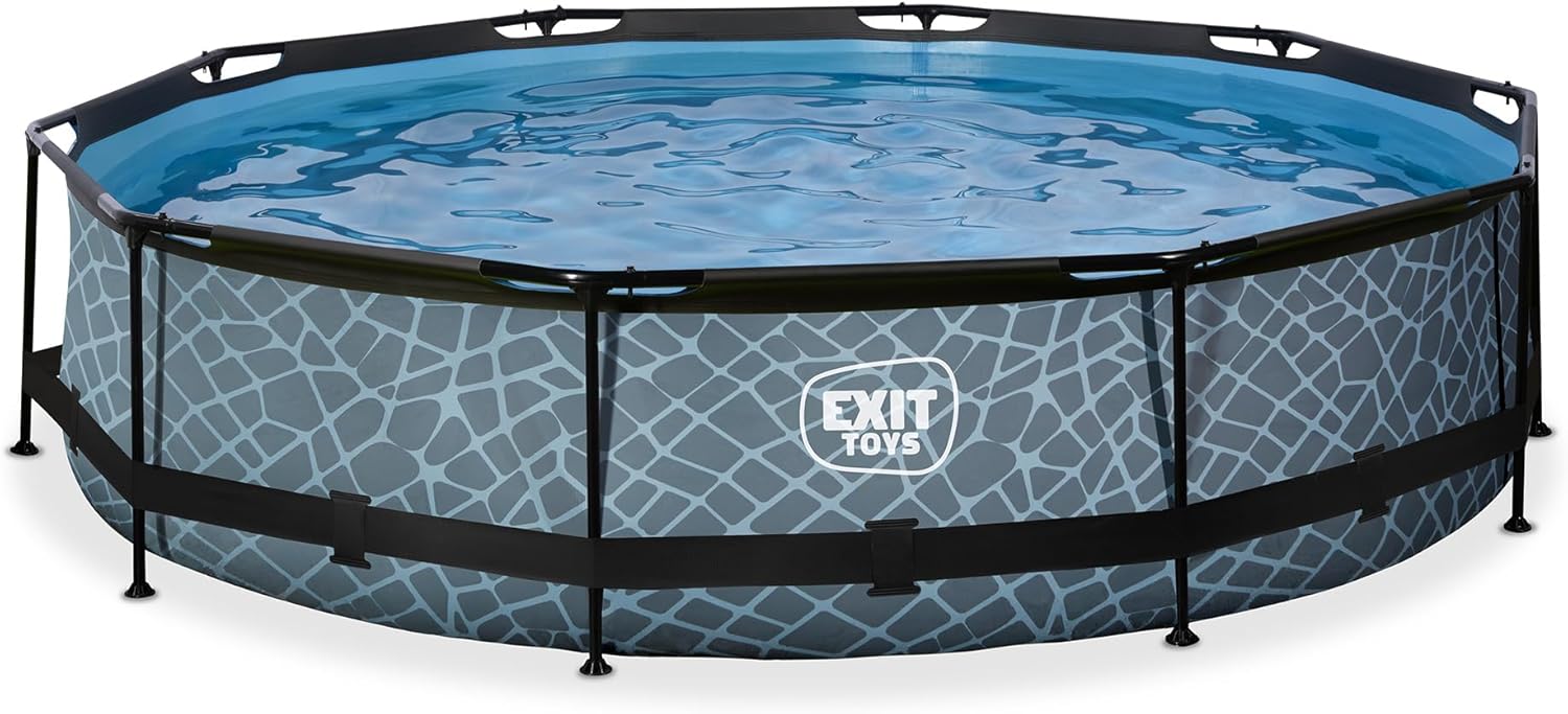EXIT Toys Stone Pool - ø360x76cm - Großer, Runder Rahmenpool mit Kartuschenfilterpumpe - Leicht Zugänglich - Für Kleinkinder Geeignet - Starker Rahmen - Einzigartiges Design - Grau