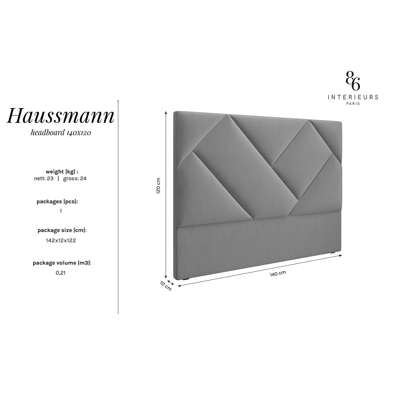 Intérieurs 86 Tête de Lit en Velours Haussmann gris foncé - 140x120 cm