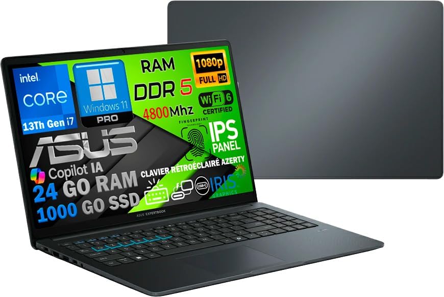 ASUS Ordinateur Portable Intel Core i7 13ᵉ Gén 10 Cœurs, RAM 24Go DDR5, SSD 1To, Écran 15.6