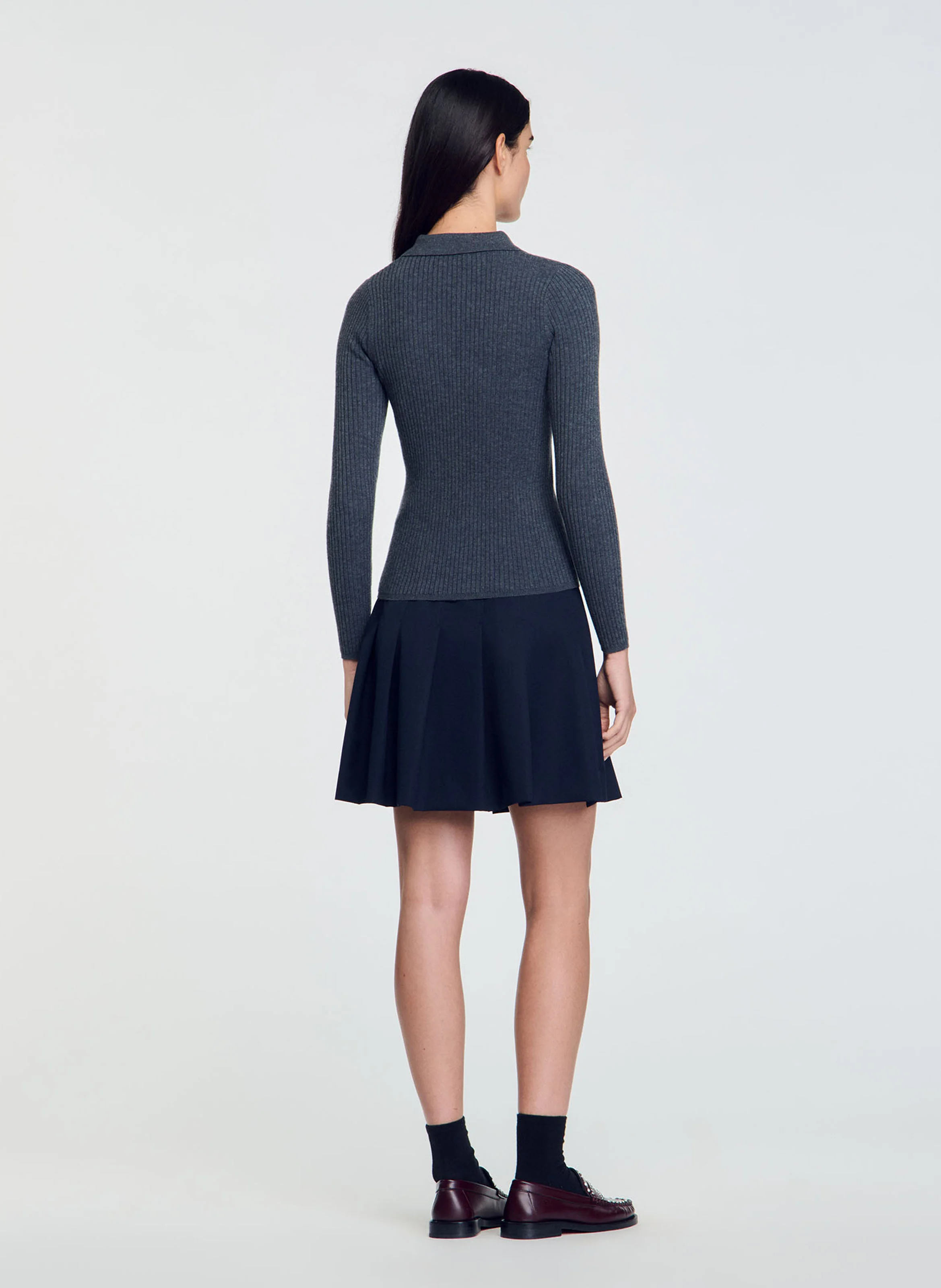 Pull col polo droit en maille | Gris