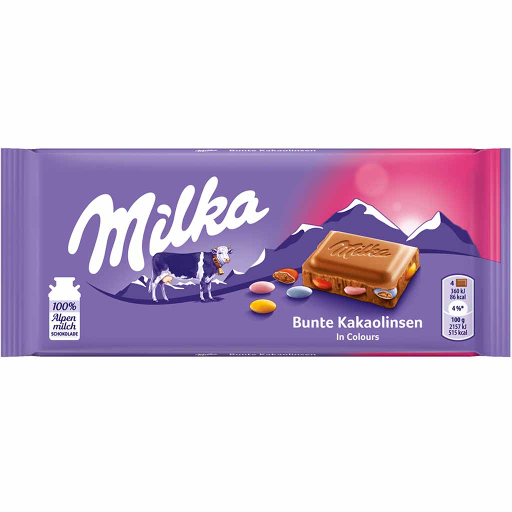 Milka Tafel Bunte Kakaolinsen 100g MHD:12.8.25