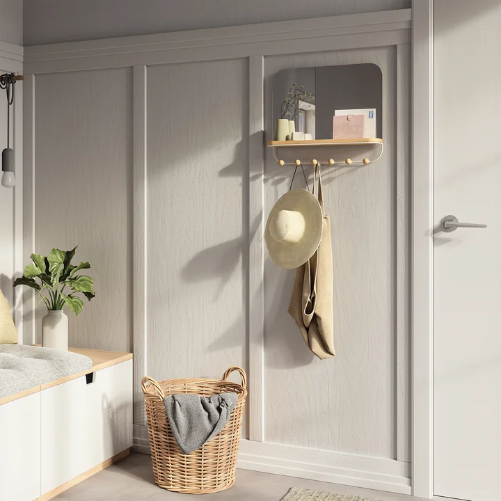 Umbra - Estique Garderobe mit Ablage und Spiegel, Buche natur / weiss