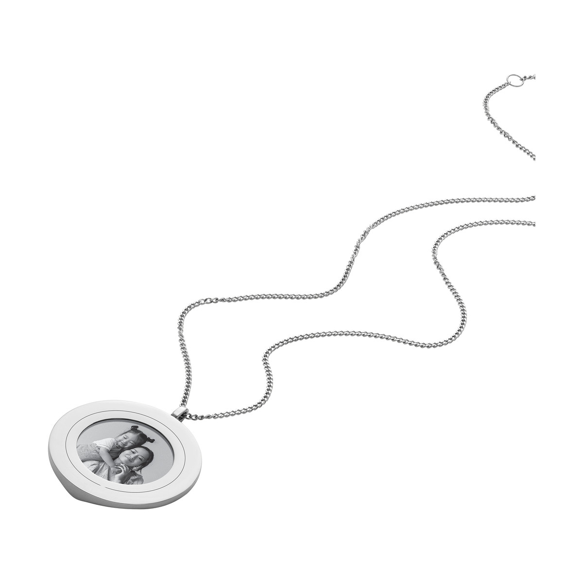 Collier FOSSIL acier inoxydable pendentif rond porte photo 40 cm