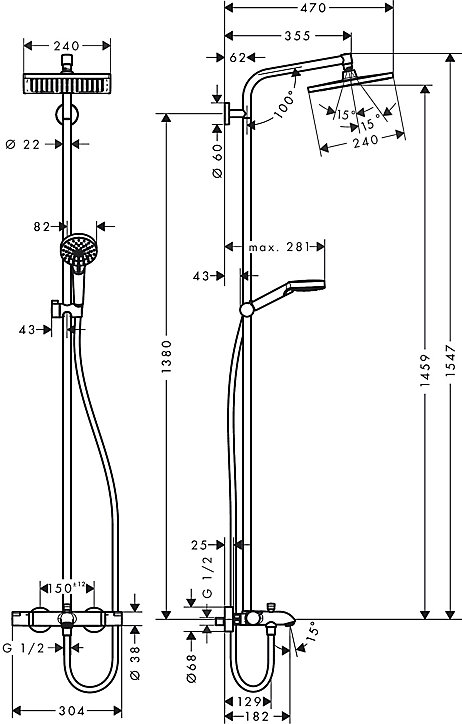 Colonne de bain/douche thermostatique avec pommeau + douchette 2 jets + flexible + barre réglable, chrome, Hansgrohe Crometta E