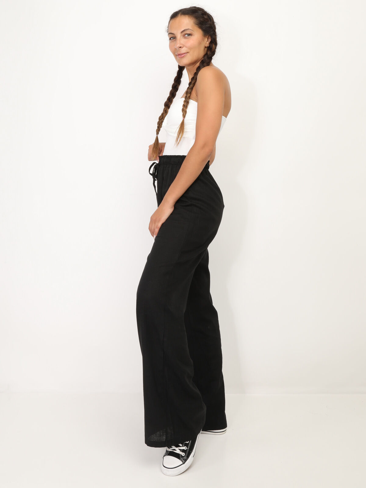 Pantalon en lin large à liens- Noir