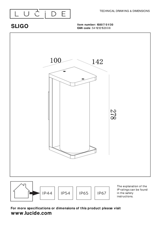 Lucide Sligo wandlamp buiten IP65 laag zwart