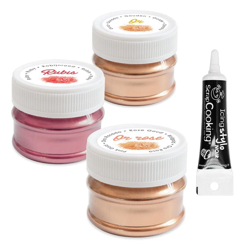 3 colorants alimentaires doré, argenté, cuivré + Stylo glaçage noir Sc