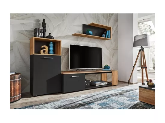 Ensemble de 3 meubles design pour votre salon collection MOZES. Coloris noir et chêne