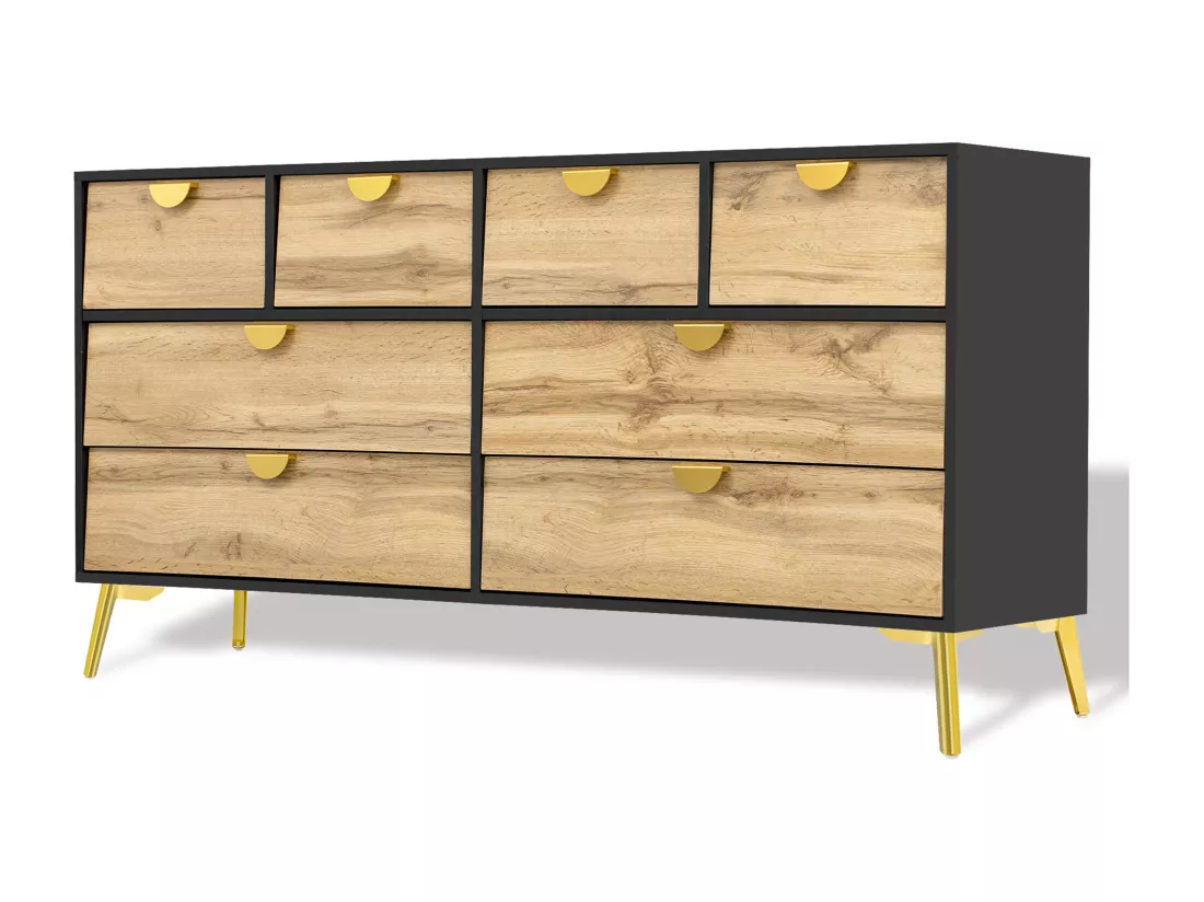 Buffet de cuisine avec 8 tiroirs - 150 x 40 x 78 cm - Poignée et pieds en métal doré - Noir et naturel