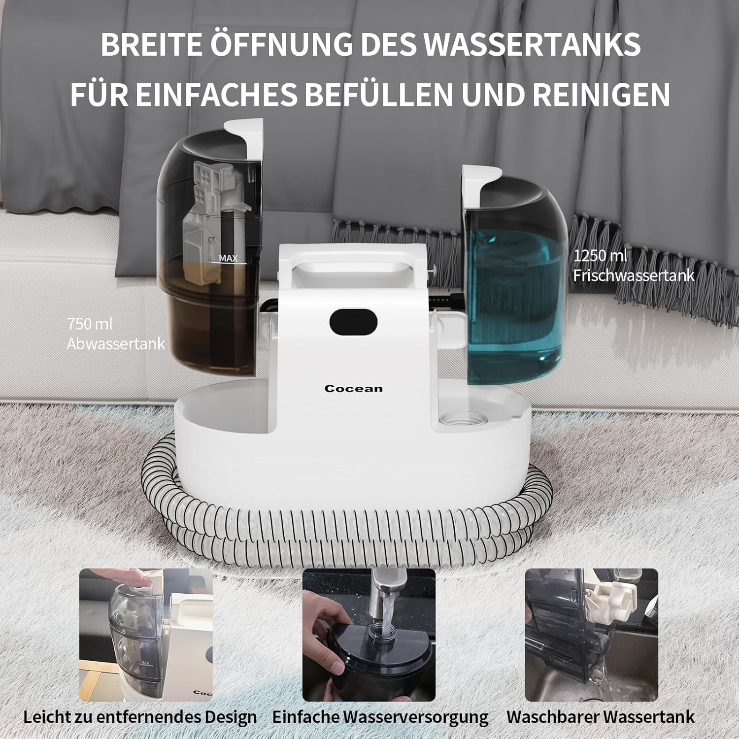 COCEAN Waschsauger Polsterreiniger, Teppichreiniger, Nass trockensauger, 18Kpa Polsterreiniger Gerät, Nasssauger für Teppiche,Polster Autositze & Sofa