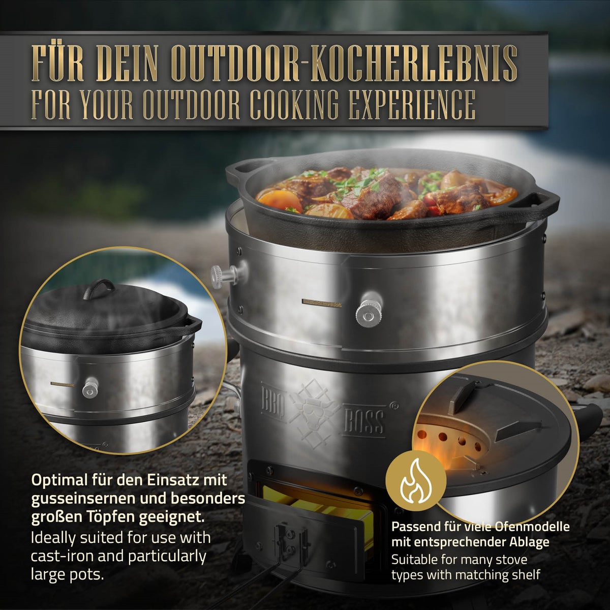 BBQ#BOSS Power Ring voor BBQ Rocket Stove, van roestvrij staal, Ø 25-35 x 9 cm, verstelbaar, vuurring voor rocket stove, tot +25% rendement en -20% rookontwikkeling, windbestendige functie, roestvrijstalen ring