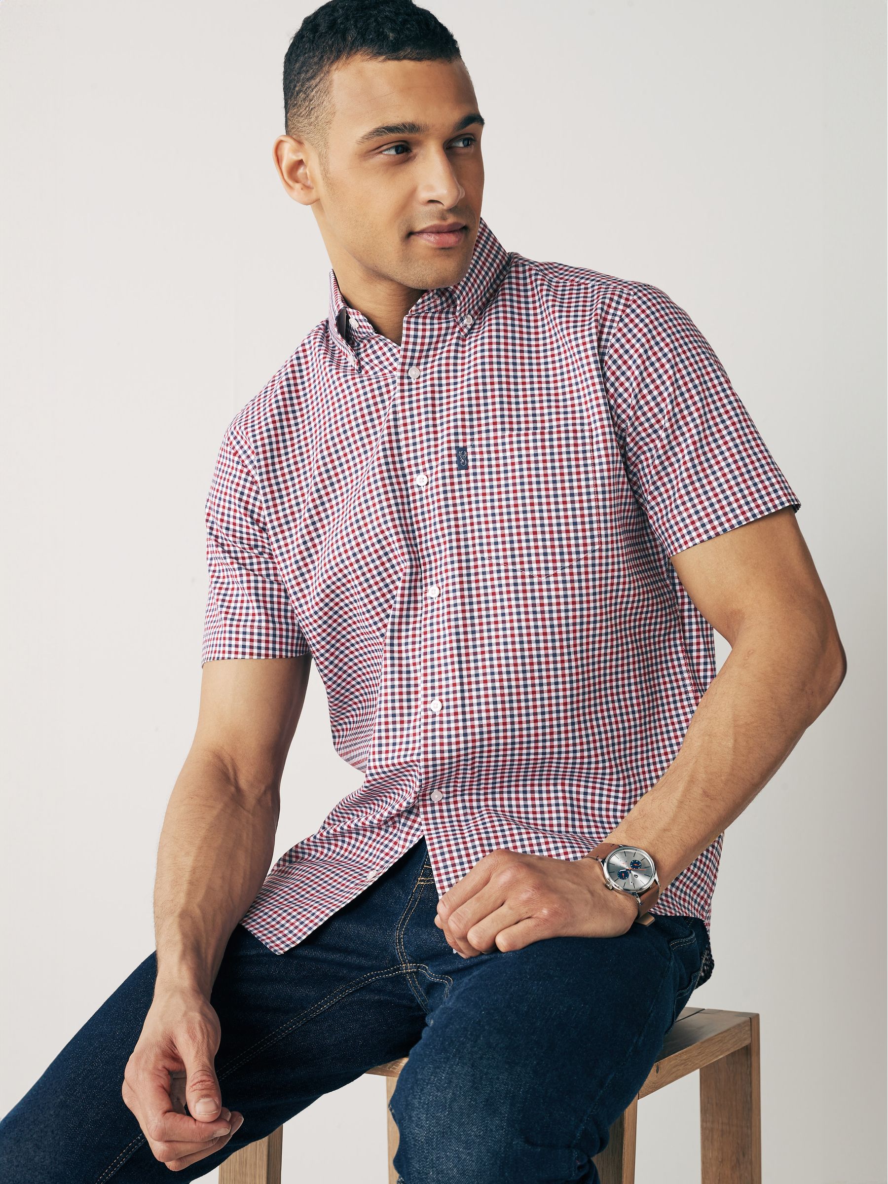Rood met gingham-ruitje - Strijvrij Oxford overhemd met korte mouwen en knopen