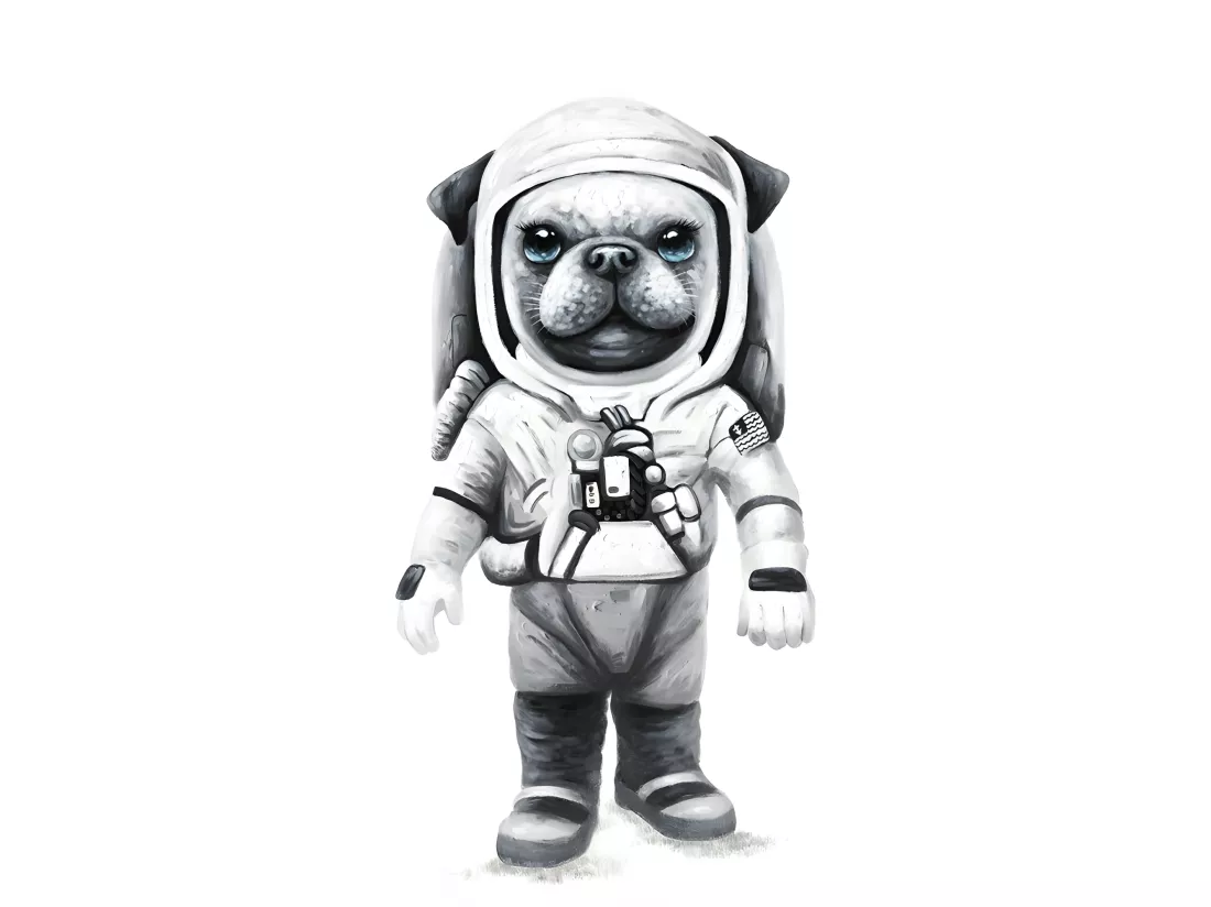 Tableau peinture chien astronaute noir et blanc 60 x 40 cm - Laïka