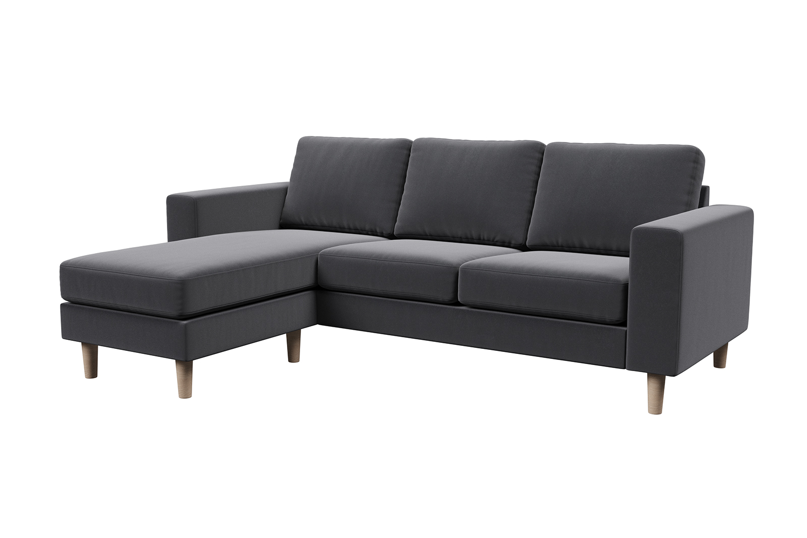 Hedda sjeselongsofa 3-seter med vendbar sjeselong i tekstil Matt Velvet Grey med arm F 18 cm og ben nr 1 i hvitoljet eik