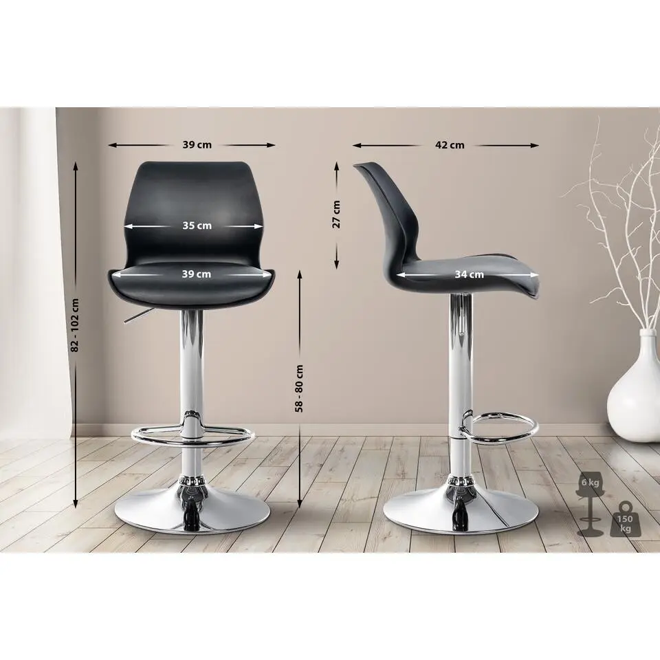 CLP Set van 2 Barkruk Gilbert chroom Frame - Kunststof - zwart
