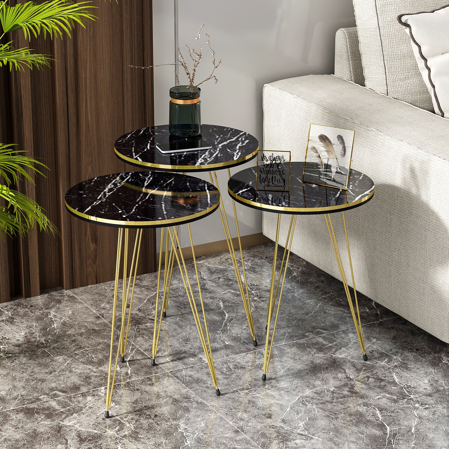 Beistelltisch 3er Set Marmoroptik Schwarz 10376115