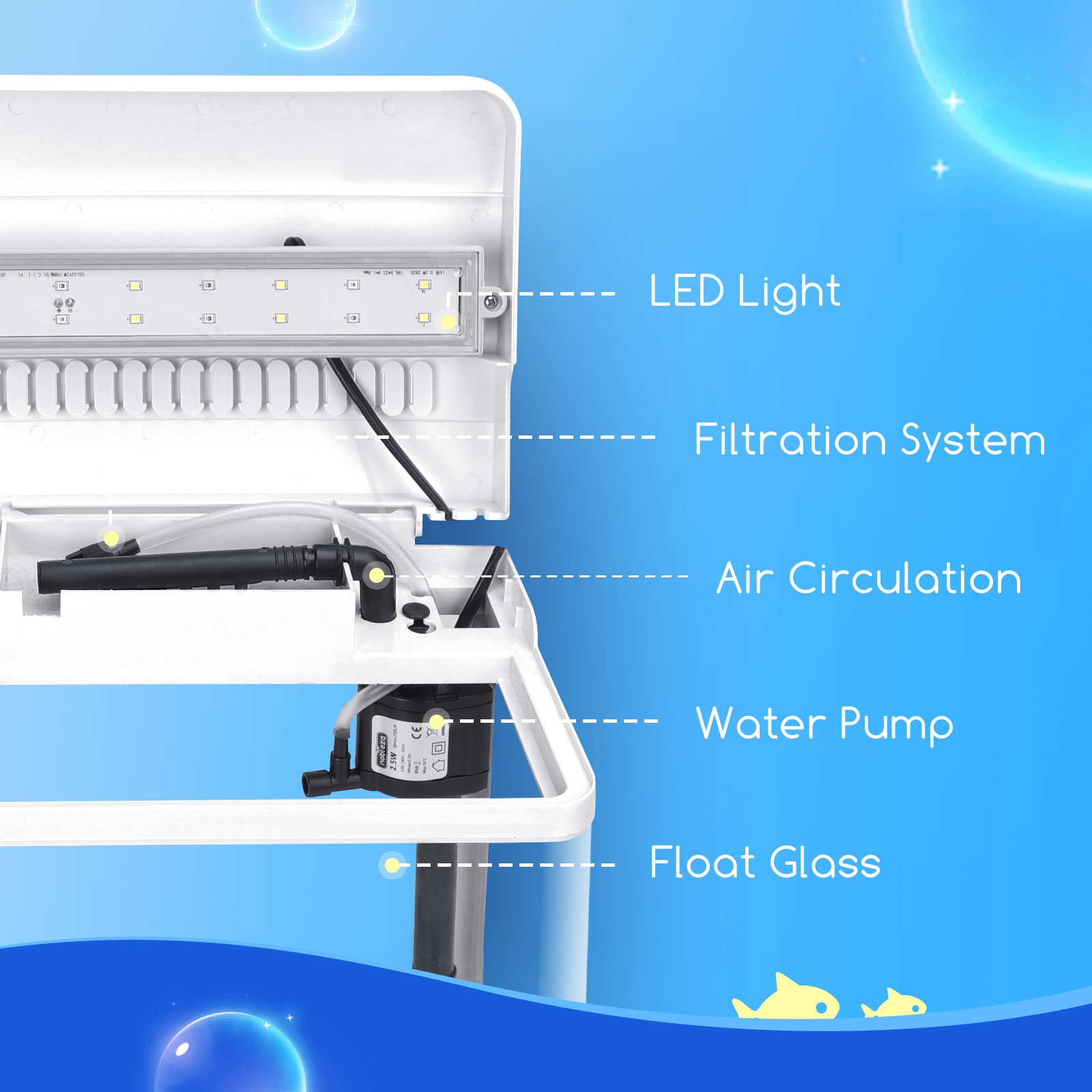 Nobleza - Aquário de vidro com tampa e luzes LED. Sistema de filtragem de 14 litros. Branco.