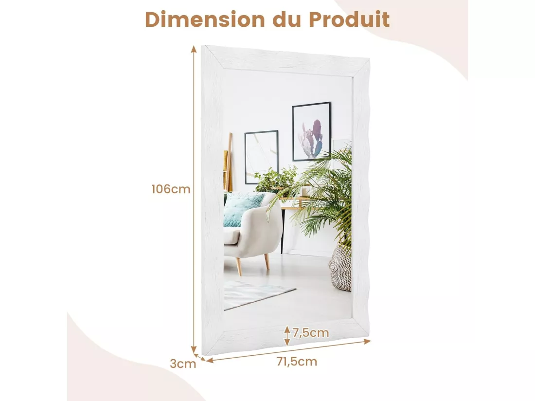 Miroir mural rectangulaire 106 × 71.5 cm, suspension verticale & horizontale (blanc)