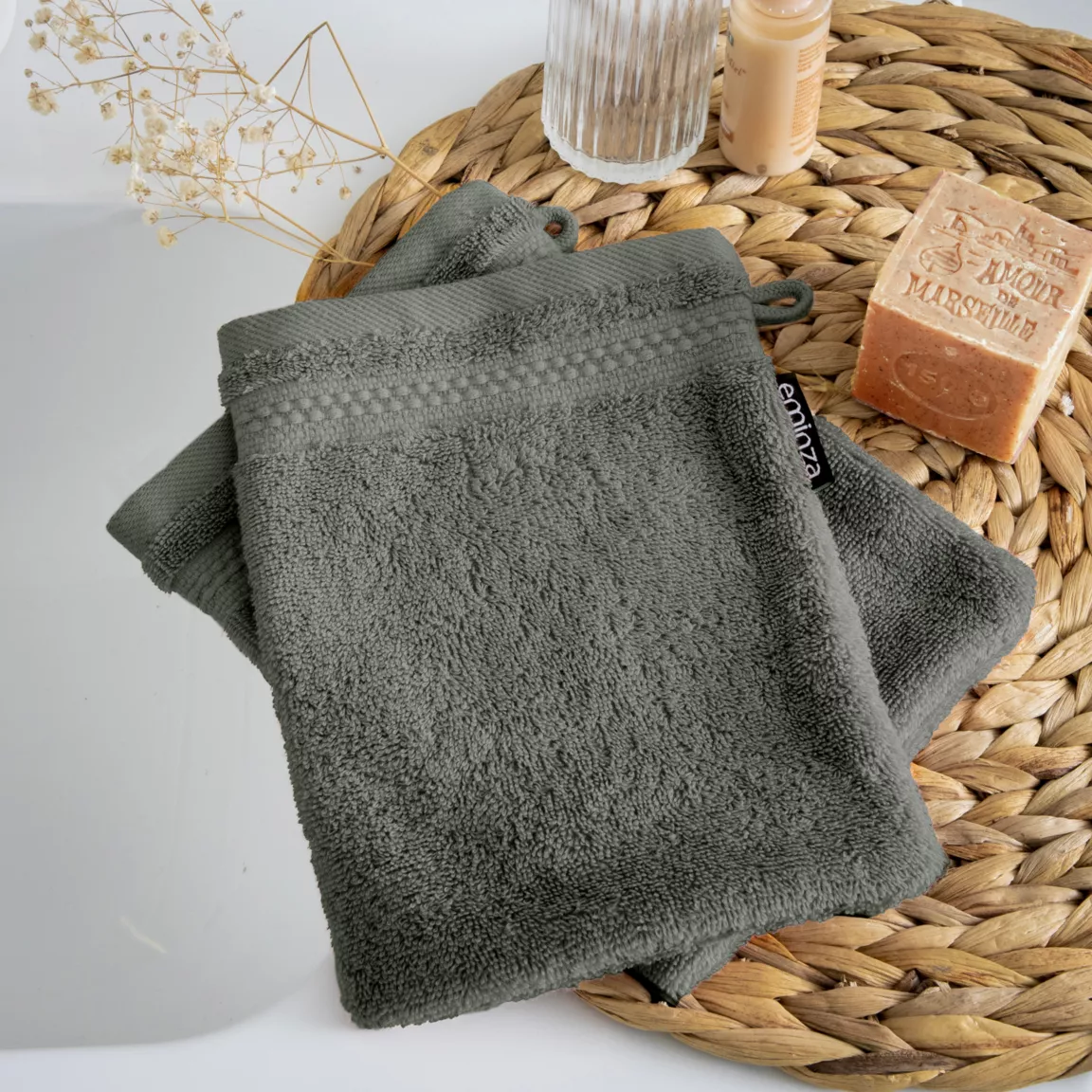 Lot de 2 gants de toilette coton bio (15 x 21 cm) Méline Vert romarin