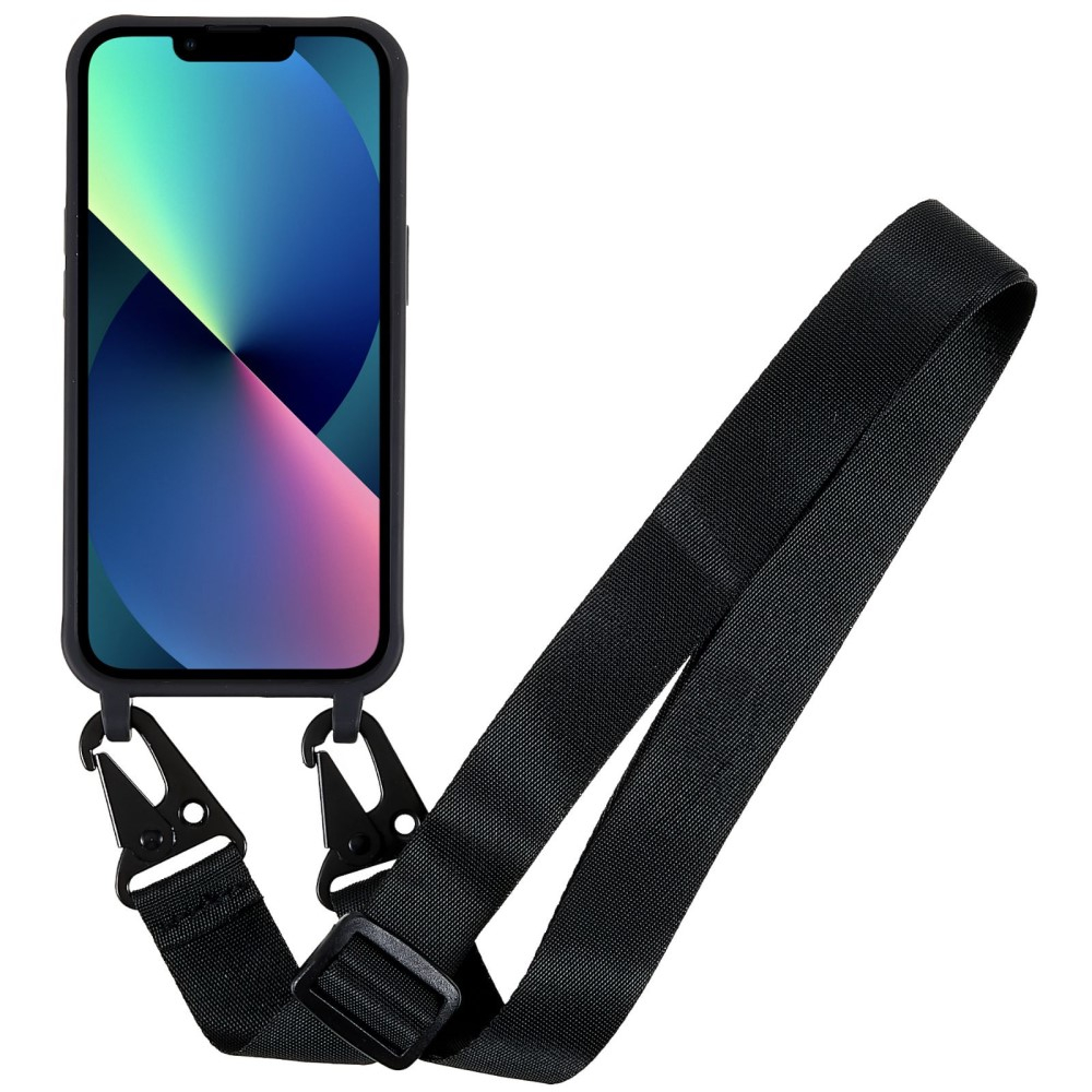 iPhone 14 Necklace Gummi Case Hülle   Handykette Nylon Strap (160cm) - Schwarz