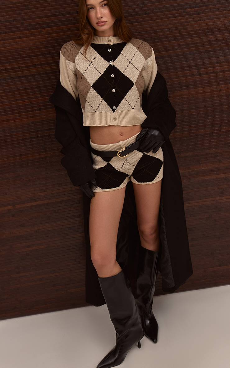 Beige Short Mini En Maille À Motif Argyle
