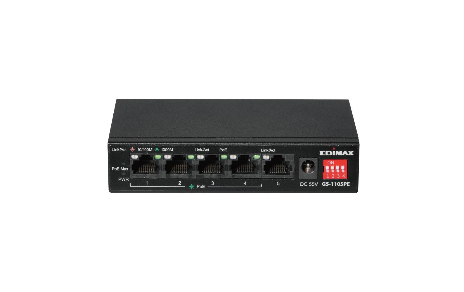 PoE+ Switch GS-1105PE 5 Port5-Port Gigabit PoE+-Switch für Langstrecken mit 4 PoE+-Ports und DIP-Schalter
