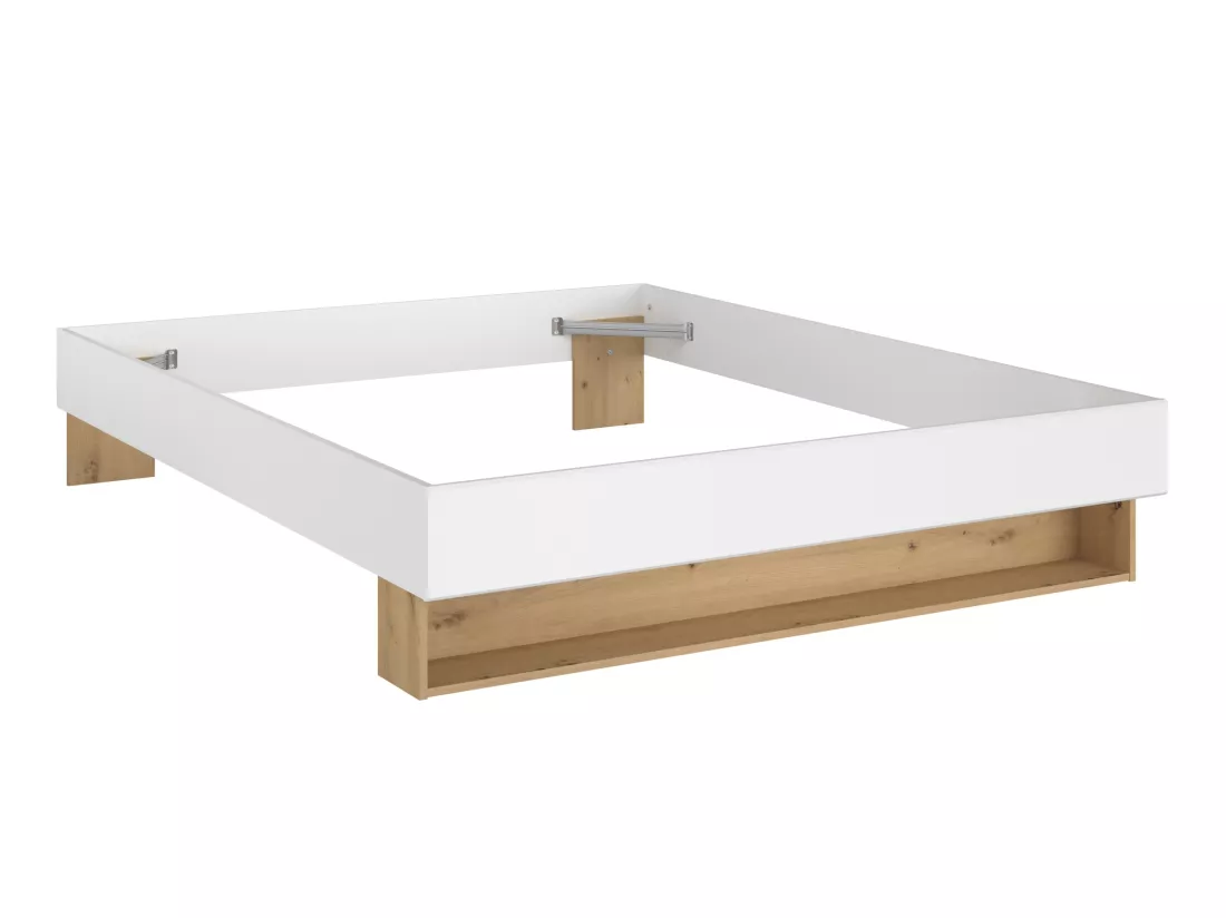 Lit avec chevets et rangements 160 x 200 cm - Coloris : Blanc et naturel + Sommier - MISTA