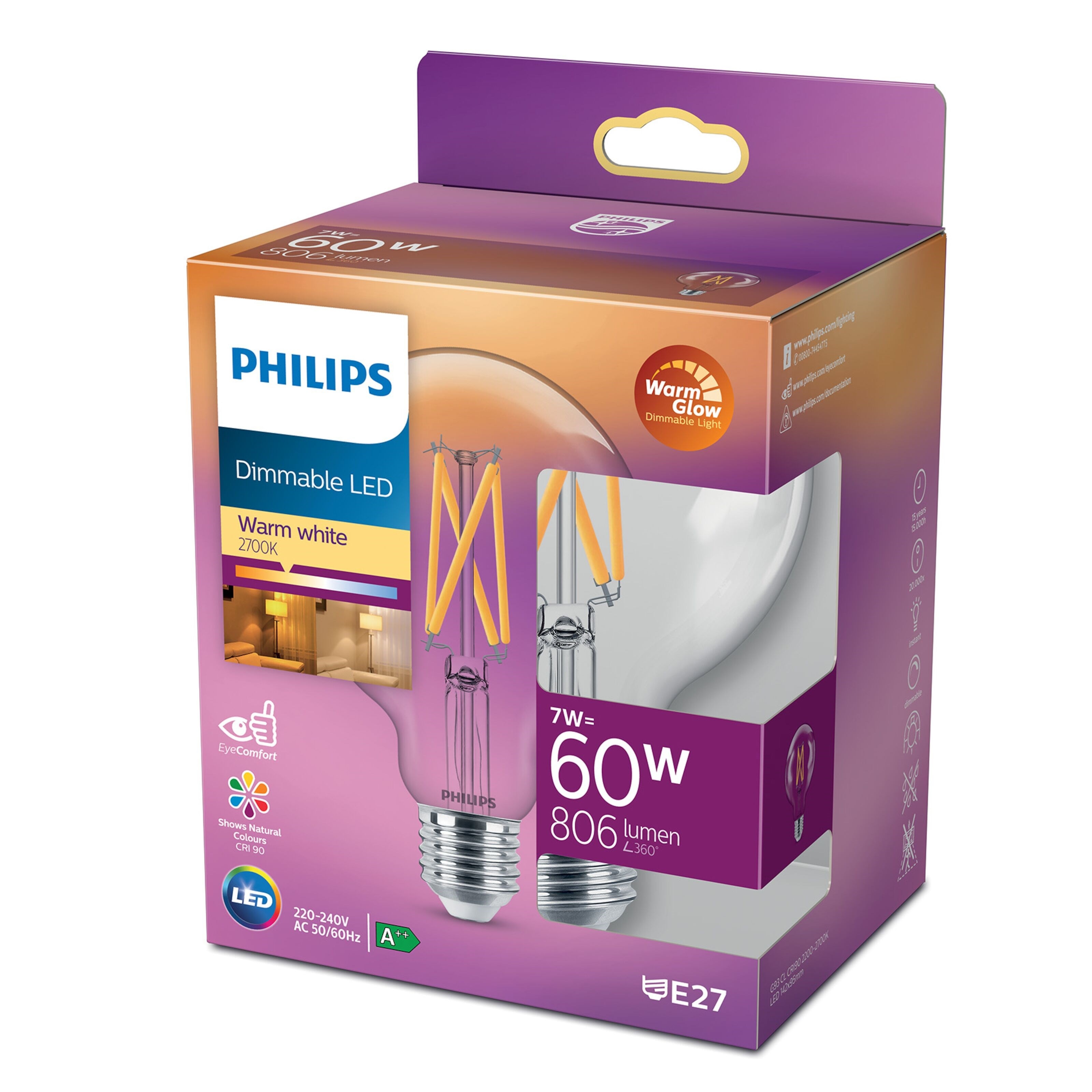 Philips Kuleformet LED-filamentpære G93 E27 806 lm