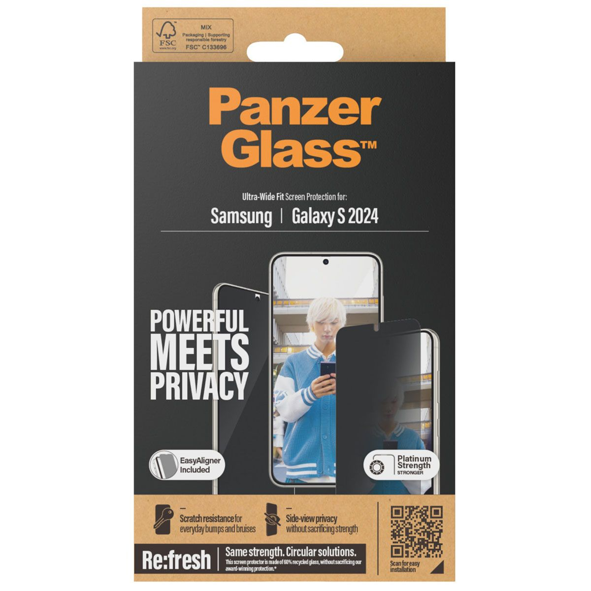Samsung Galaxy S24 Antibakterielle Ultra Wide Fit Privacy Panzer Glas Displayschutz mit Montagerahmen Recycled (P7350)